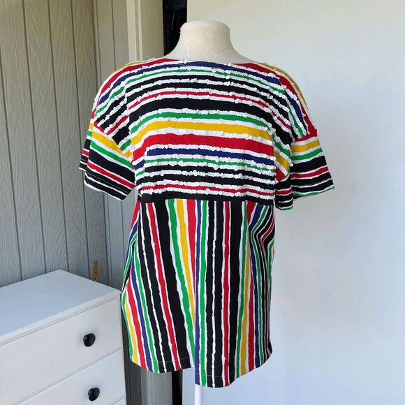 VTG 1991 Spree Sport Rainbow Stripe Sequin Top Black Cotton T-Shirt SZ M - Picture 3 of 9